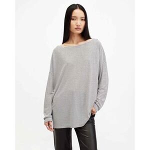 AllSaints Size Small Striped Rita Oversized Long Sleeve T-Shirt White Black